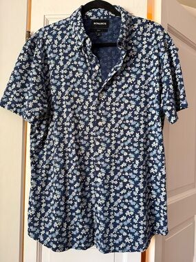 Bonobos Navy Floral Button Down Shirt Pima Cotton Short Sleeve Size Medium
